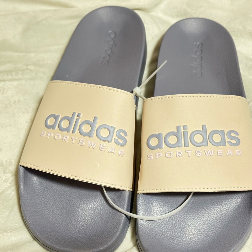 Adidas Cream and Gray Sportswear Slides